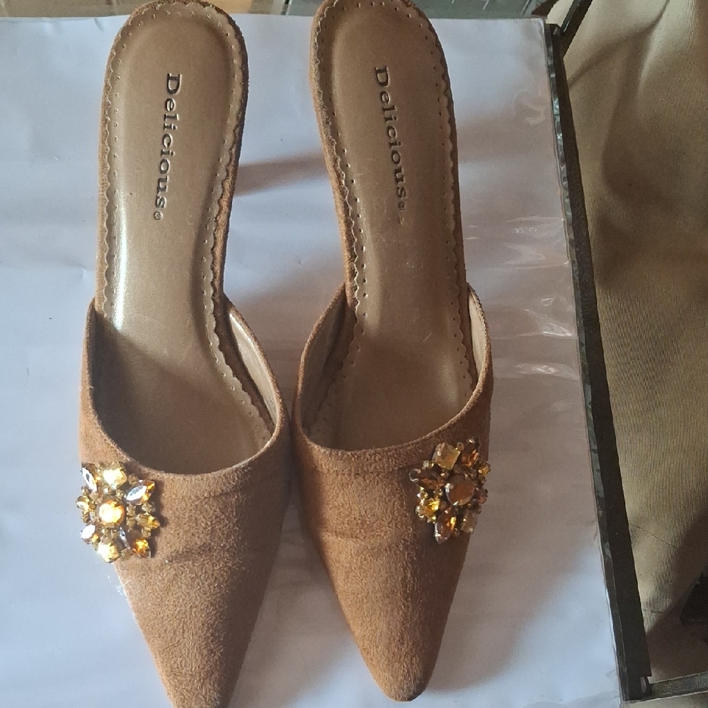 Delicious Tan Mules with Elegant Embellishments